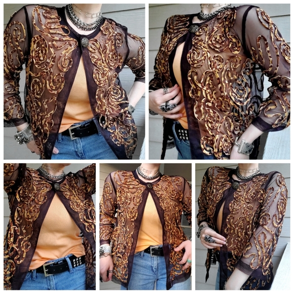 Chico's Brown Sheer Mesh Summer Cardigan w/Sewn-on Animal Print Leopard Swirls - Picture 5 of 16